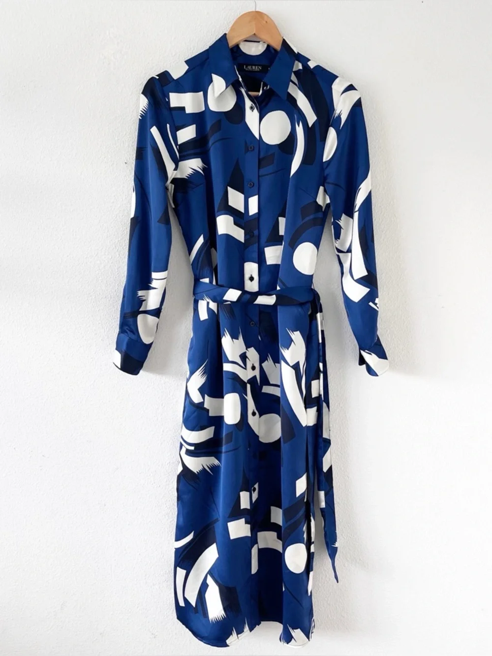 Lauren Ralph Lauren Blue Geometric-Print Satin Button Down Charmeuse Shirtdress - Picture 2 of 9